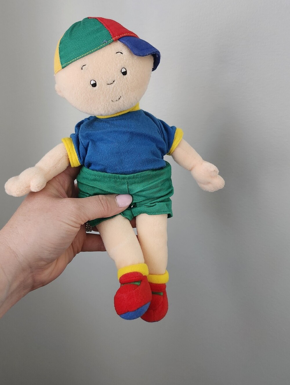 Calliou 2001 Plush Kids Doll in Blue & Green Outfit with Multicolor Cap